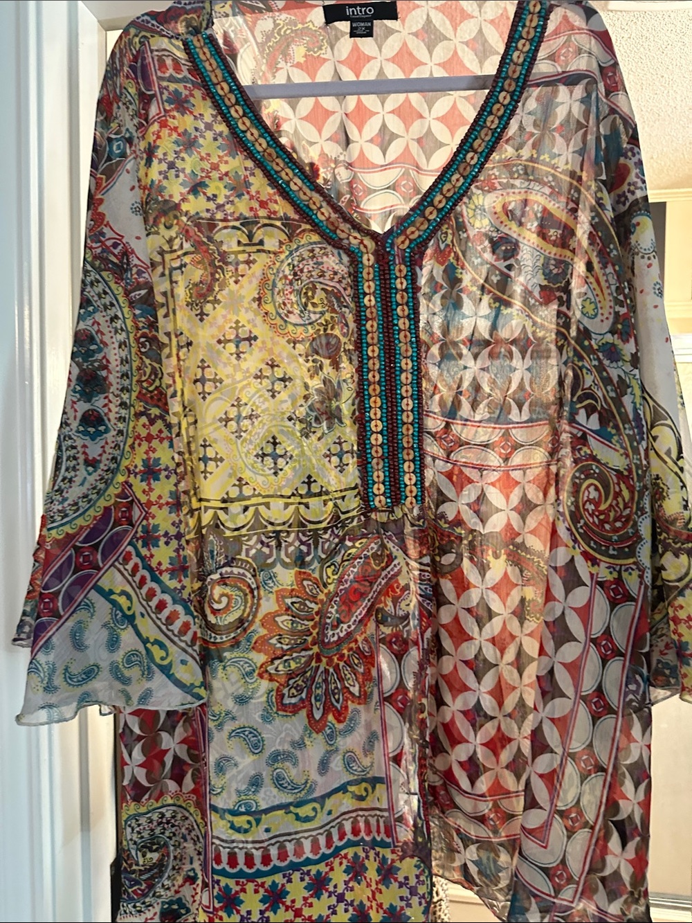 intro. Multi-Color Sheer Paisley Patchwork Blouse with Embellished V-Neck 3/4 be